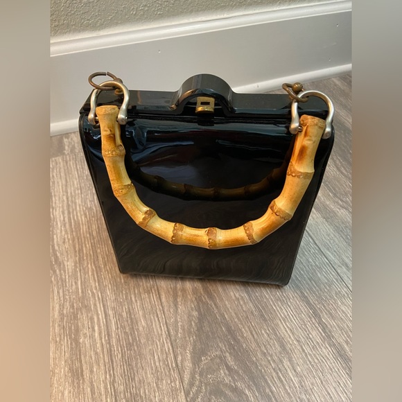 Vintage Evening Black Patent Vinyl Top Handle Handbag Purse, Bamboo Handle - Picture 6 of 11